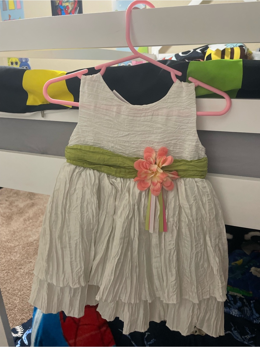 Blueberi Boulevard White Crinkled Dress with Green Sash and Pink Flower Accent